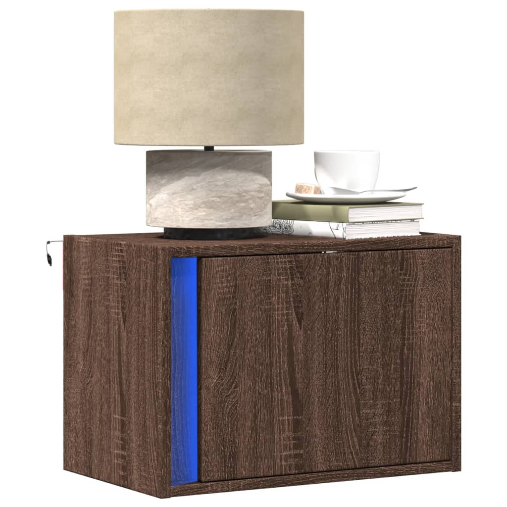 Wall-mounted Bedside Cabinet with LED Lights Brown oak 2