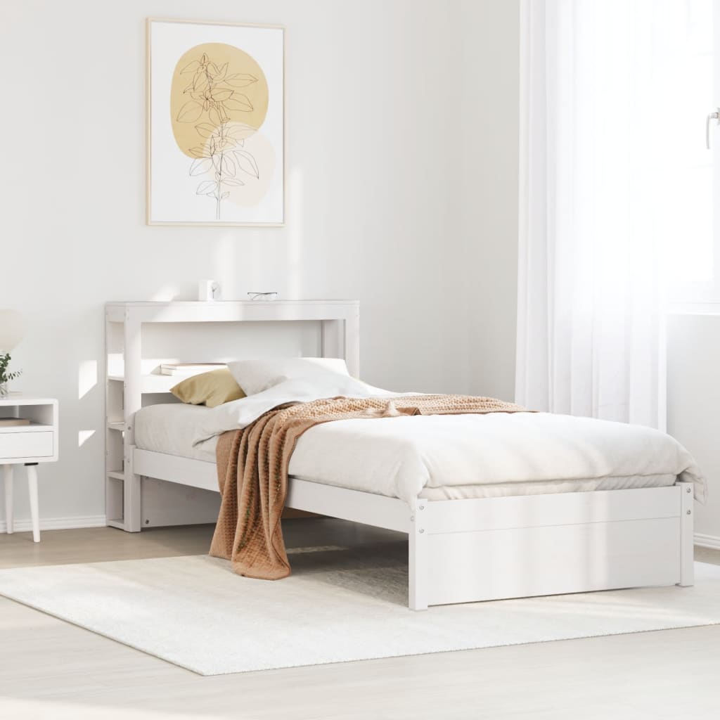 Bed Frame with Shelf Solid Pine Wood White 75 cm 190 cm