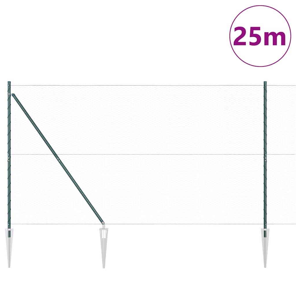 Hexagonal Fence with Post 25 x 0.4 m PVC-Coated Steel mesh Size 25 mm mesh Green 1.5 m