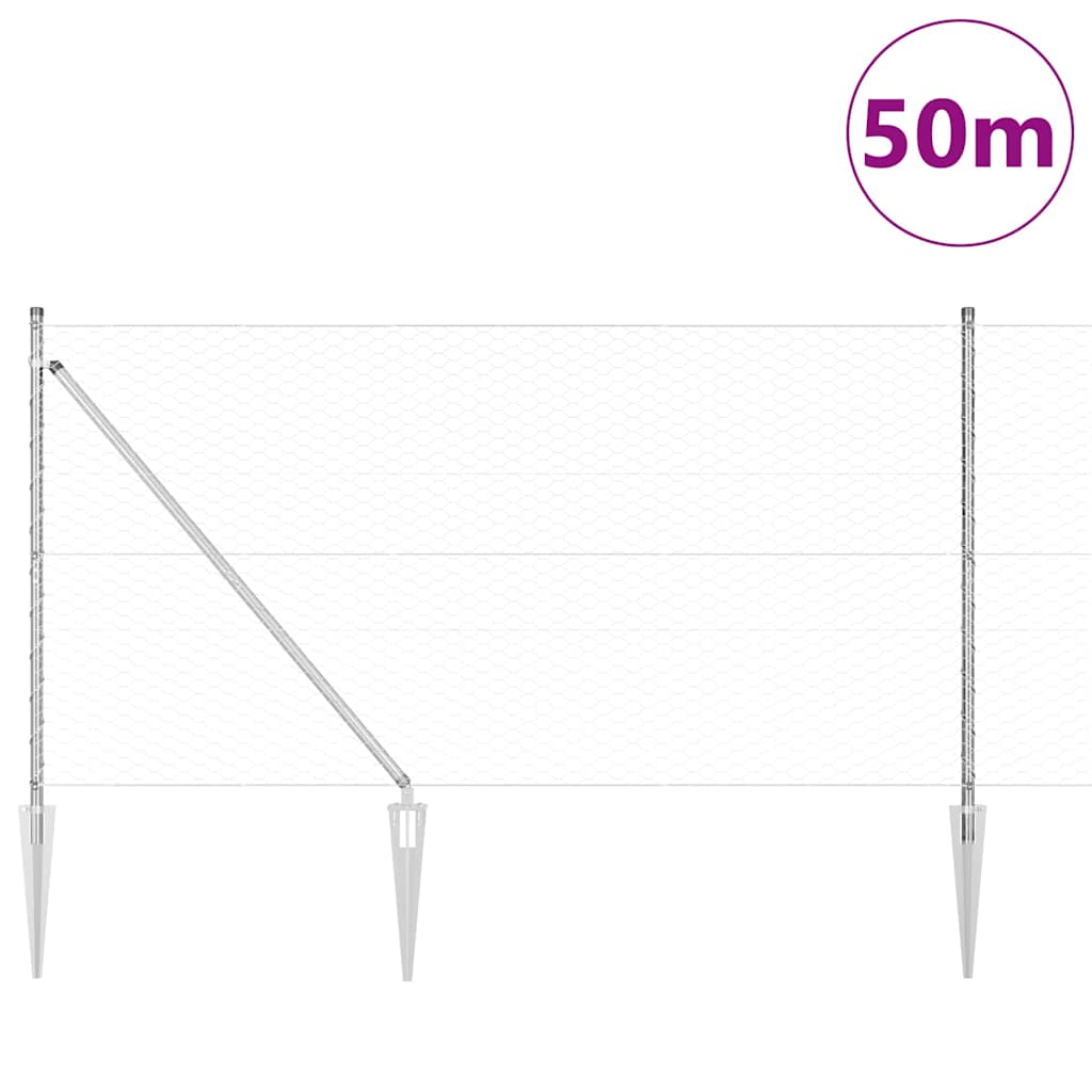 Hexagonal Fence with Post 50 x 0.4 m Silver Galvanised Steel mesh Size 36 mm mesh 1.4 m