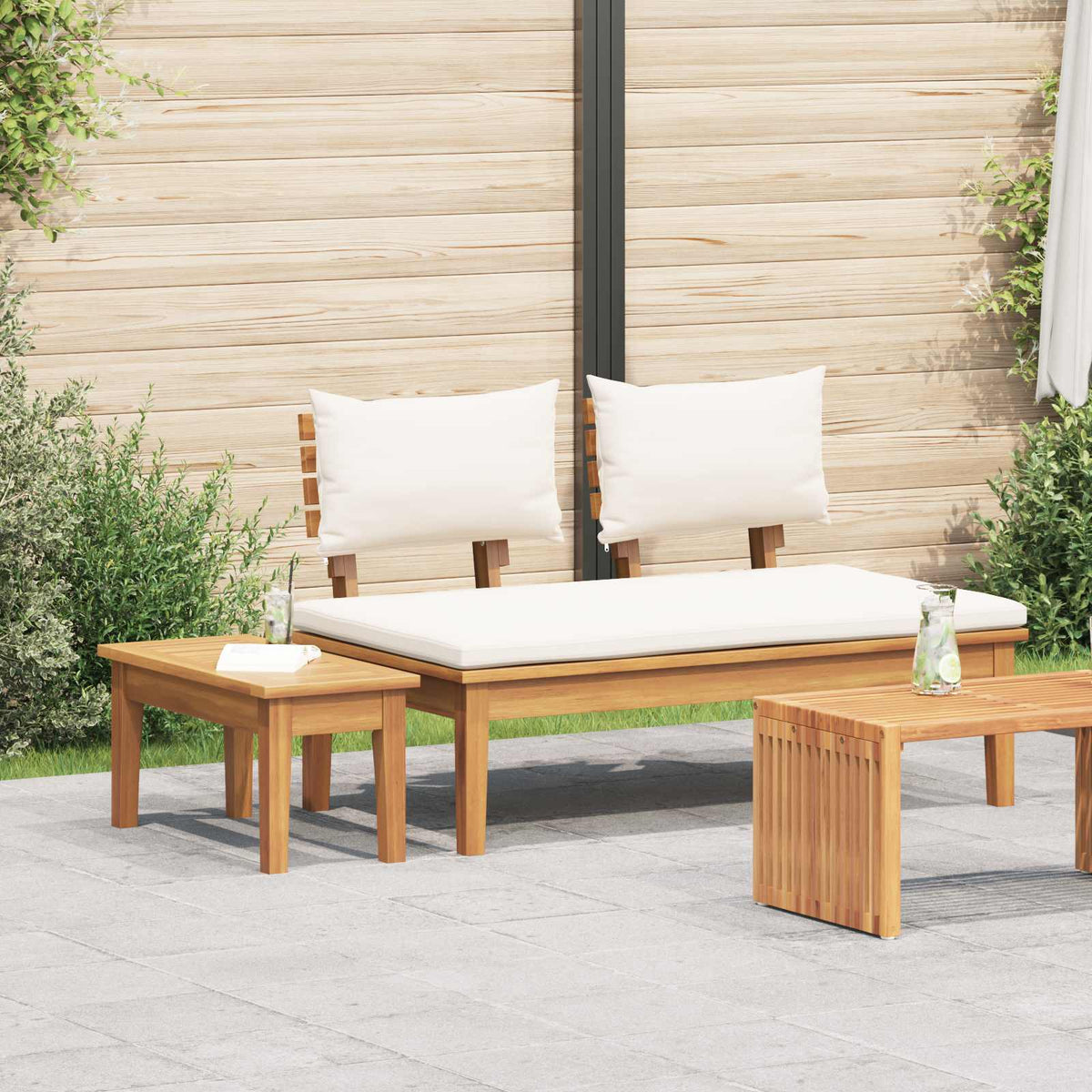 Garden Bench and Table Set 2 pcs Cream and Brown Cream white Middle bench +table