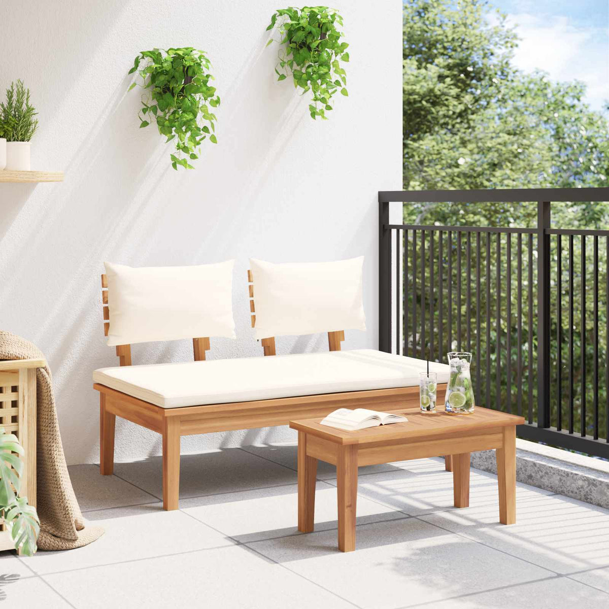 Garden Bench and Table Set 2 pcs Cream and Brown Cream white Middle bench +table
