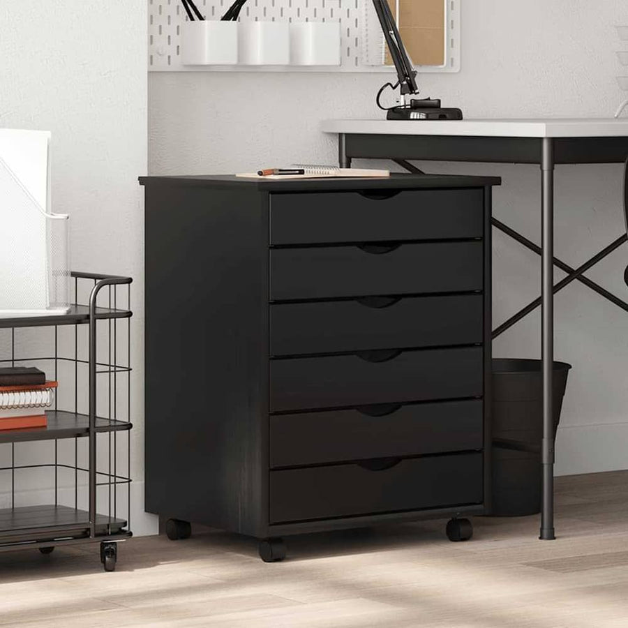 Rolling Cabinet with Drawers "MOSS" Black Solid Wood Pine