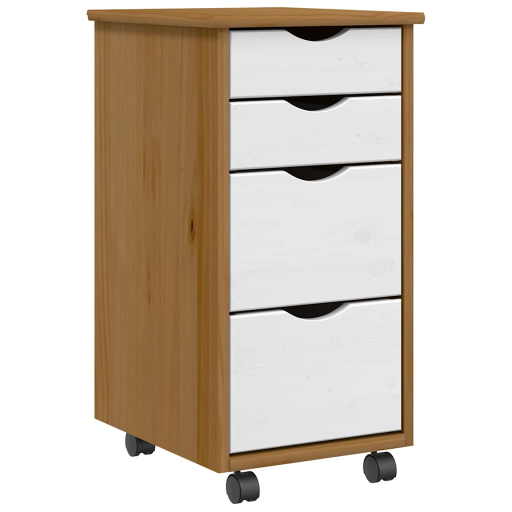 Rolling Cabinet with Drawers "MOSS" Solid Wood Pine Honey brown and white