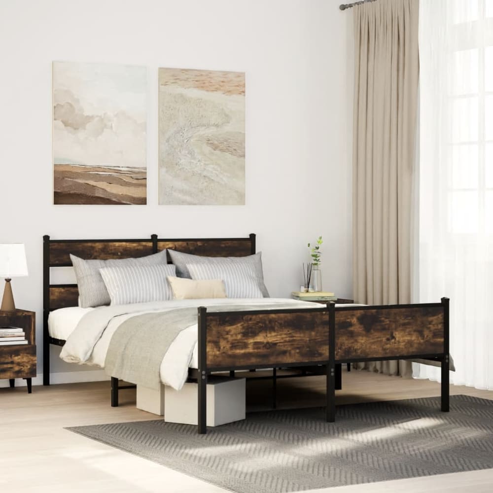 Bed Frame without Mattress Engineered Wood Smoked Oak Length 200 cm with Headboard & High Footboard 160 cm