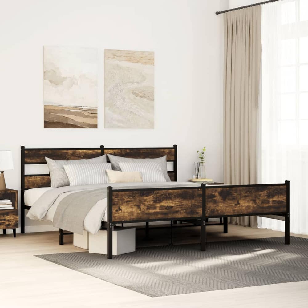 Bed Frame without Mattress Engineered Wood Smoked Oak Length 200 cm with Headboard & High Footboard 180 cm