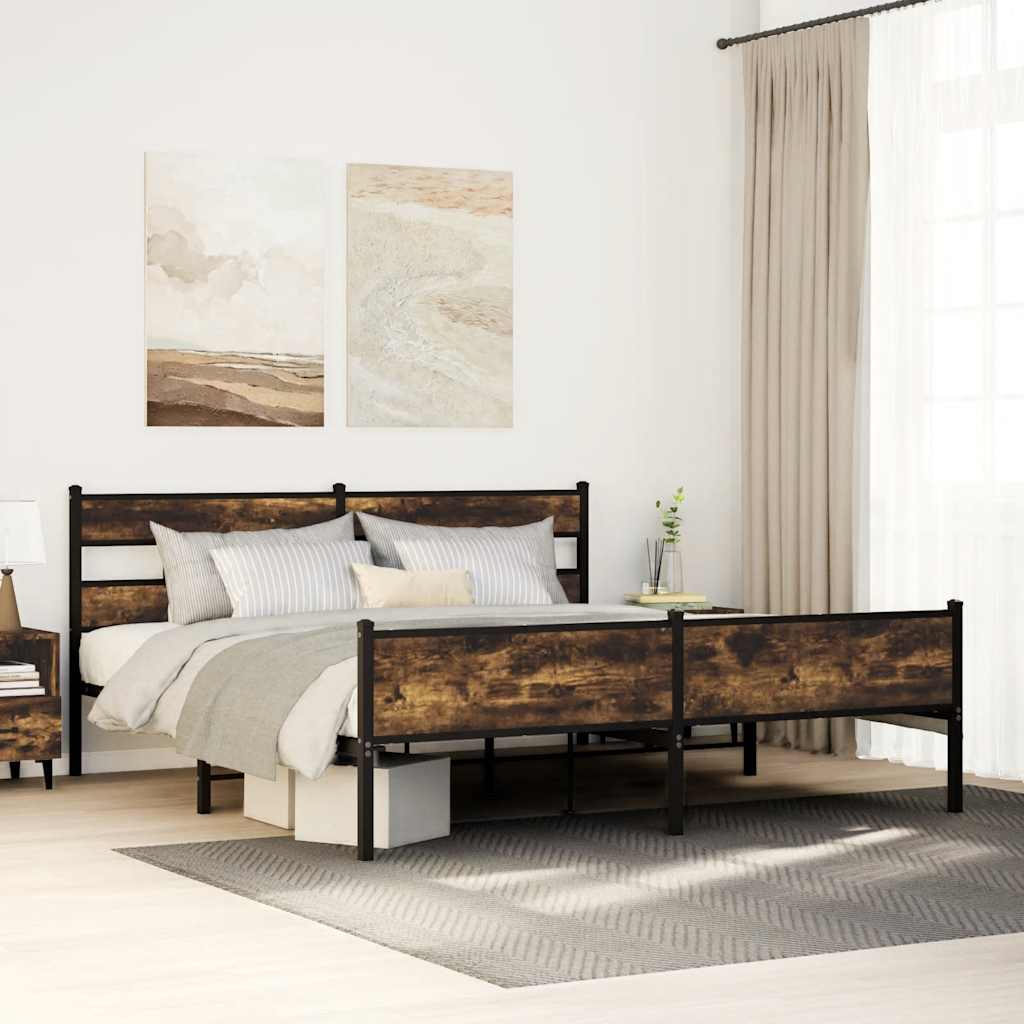 Metal Bed Frame without Mattress 183x213 cm Smoked Oak With headboard & high footboard