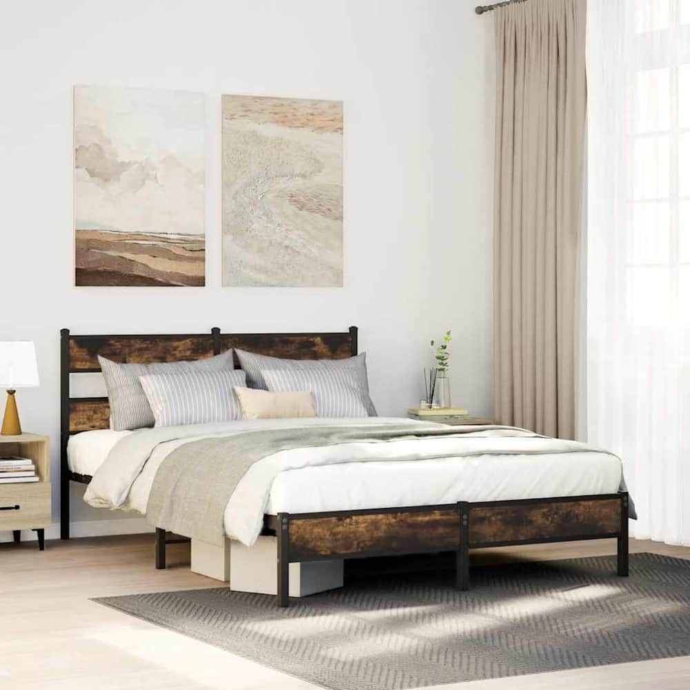 Bed Frame without Mattress Engineered Wood Smoked Oak Length 200 cm with Headboard & High Footboard 100 cm