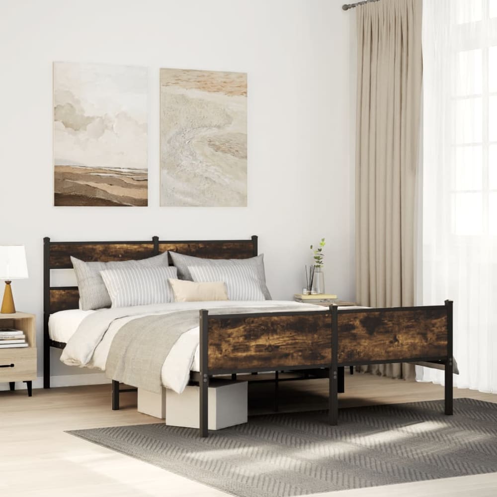 Bed Frame without Mattress Engineered Wood Smoked Oak Length 200 cm with Headboard & High Footboard 140 cm