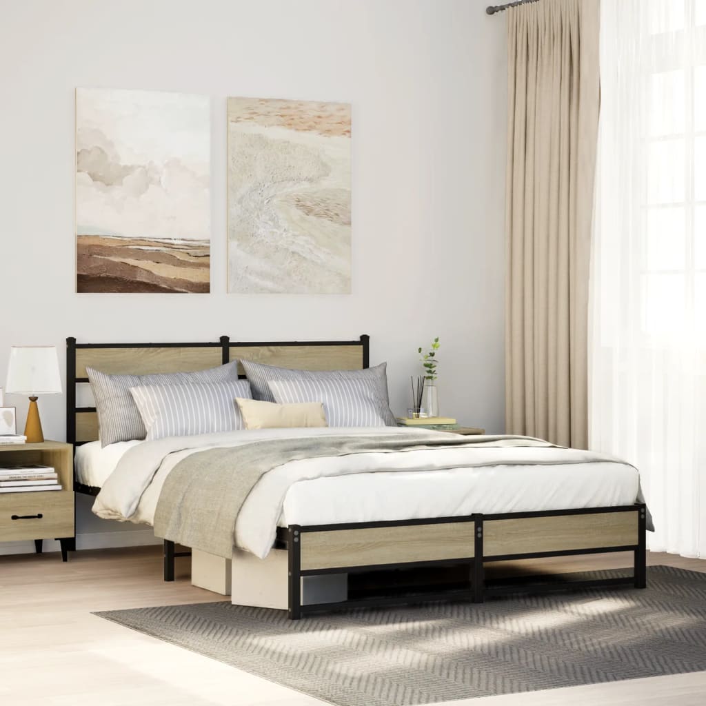 Metal Bed Frame without Mattress Sonoma Oak Length Headboard Dual Low Footboard
