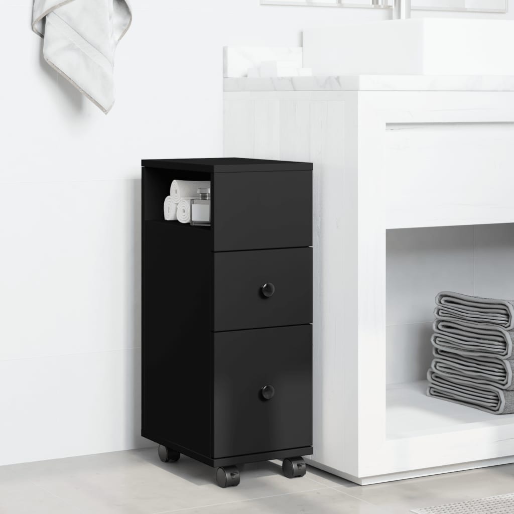vidaXL Narrow Bathroom Cabinet with Wheels Black Engineered Wood 3