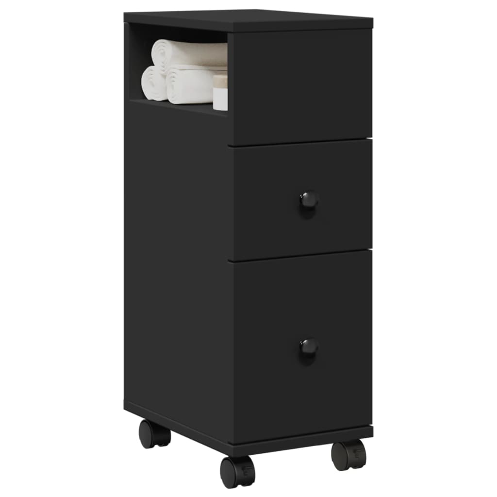 vidaXL Narrow Bathroom Cabinet with Wheels Black Engineered Wood 1
