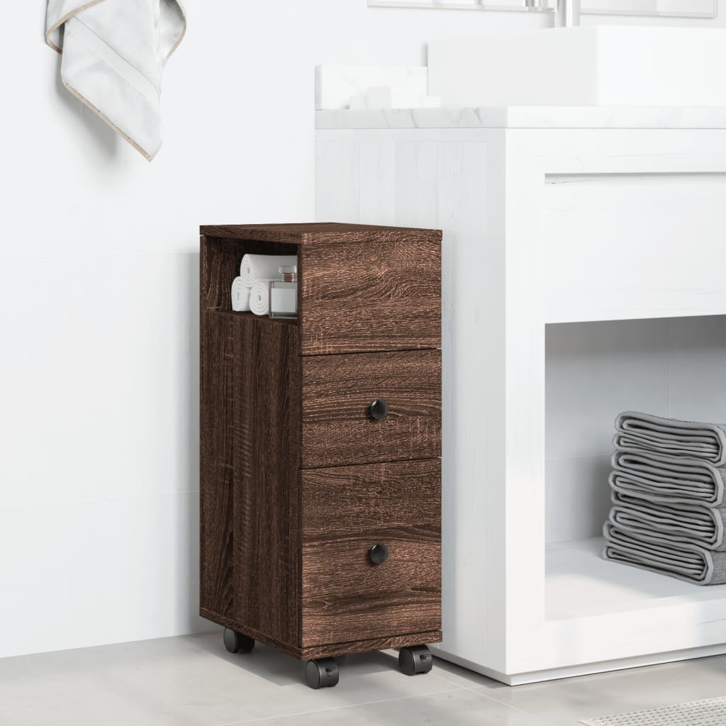 Narrow Bathroom Cabinet with Wheels Brown Oak Engineered Wood, image 3
