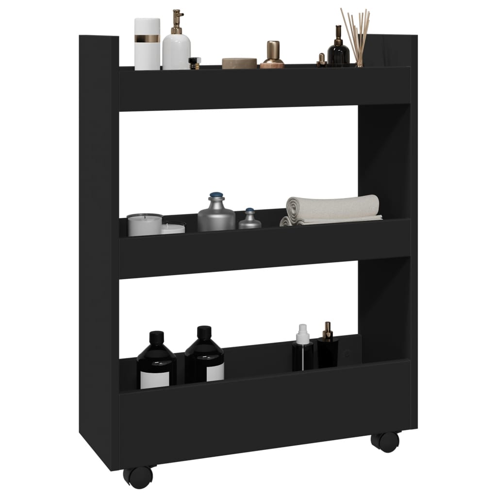 vidaXL Narrow Storage Trolley 3 Tier Black Engineered Wood 1