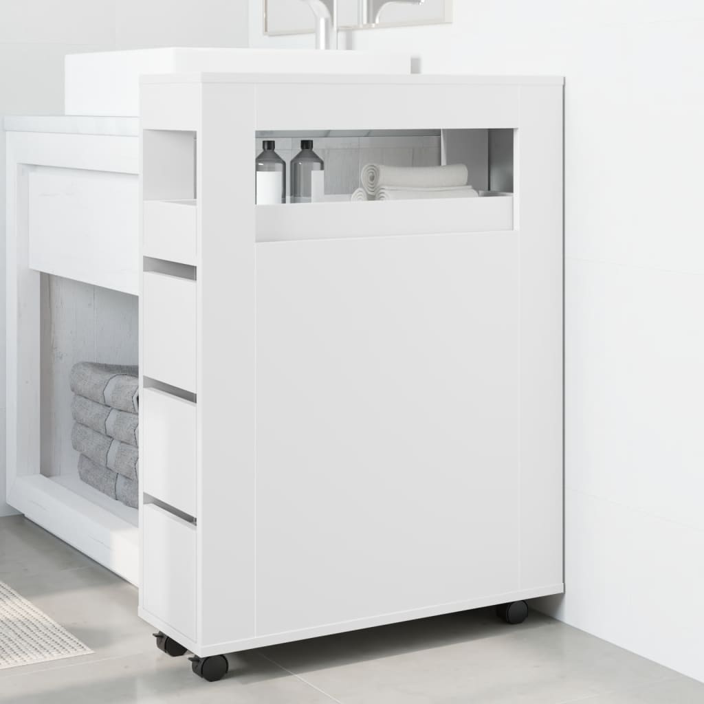 Narrow Bathroom Cabinet with Wheels White Engineered Wood, image 3
