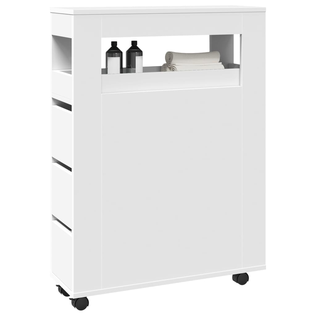 Narrow Bathroom Cabinet with Wheels Engineered Wood in White