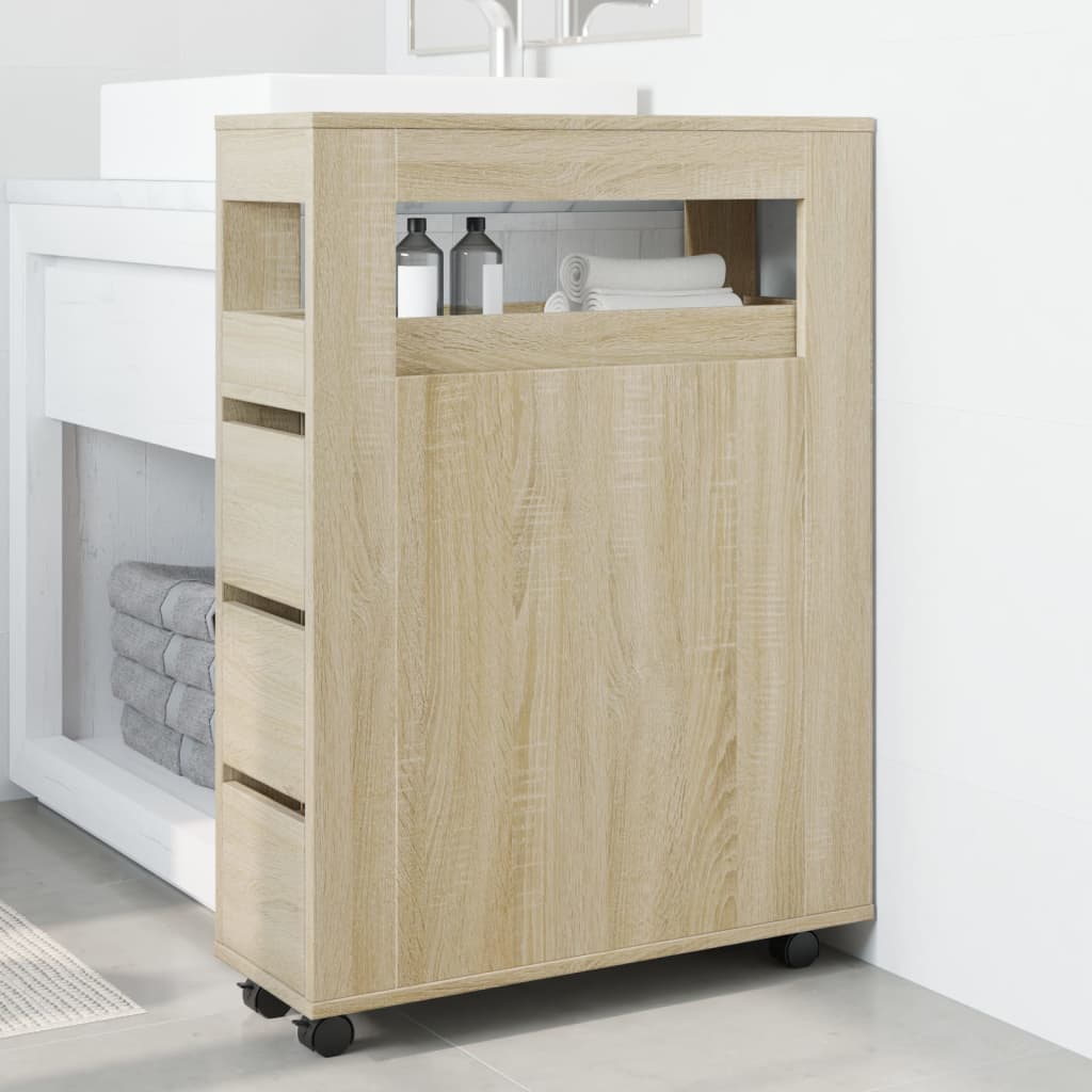 vidaXL Narrow Bathroom Cabinet with Wheels Sonoma Oak Engineered Wood 3