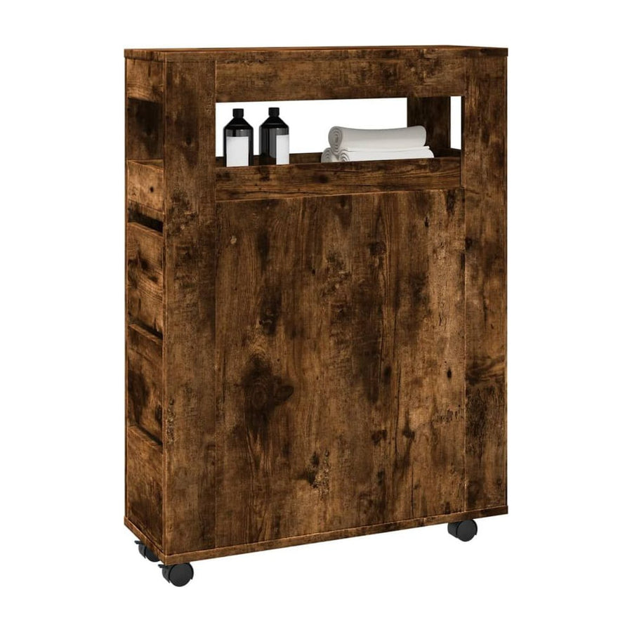 Narrow Bathroom Cabinet with Wheels Smoked Oak Engineered Wood