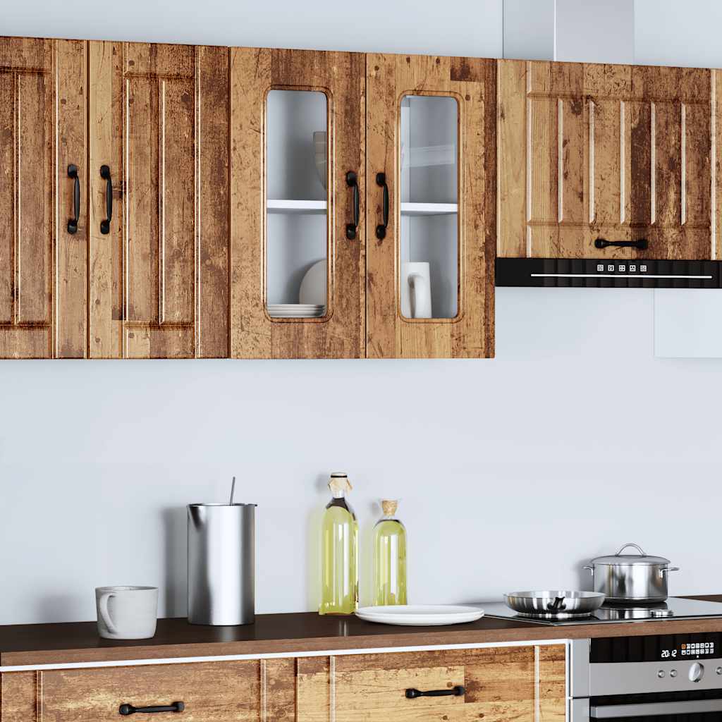 Kitchen Wall Cabinet with Glass Door "Kalmar" Old wood 1x wall corner cabinet 57 cm wide 100 cm high–2x wall glass cabinet (1 door) 40 cm wide 40 cm high 1x wall glass cabinet (2 doors) 60 cm wide 60 cm high