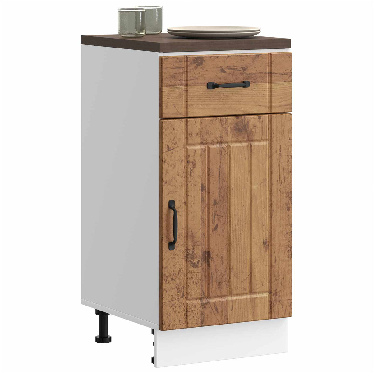 Kitchen Base Cabinet "Lucca" Engineered Wood Old wood 1x bottom cabinet (1 door 1 drawer) 30 cm wide 81.5 cm high–1x wall cabinet (1 door) 40 cm wide 60 cm high 1x bottom cabinet (1 door 1 drawer) 40 cm wide 81.5 cm high