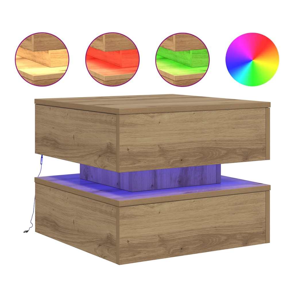 vidaXL Coffee Table with LED Lights Artisian Oak 50x50x40 cm 2