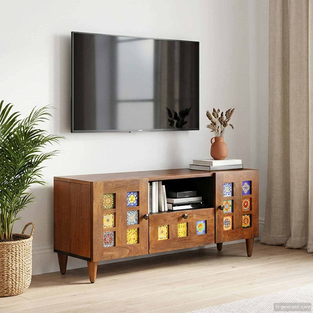 TV Cabinet Solid Mango Wood in Walnut