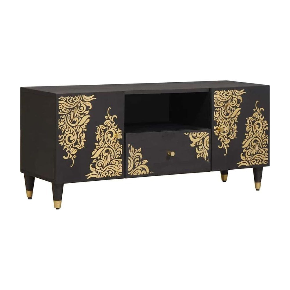 TV Cabinet with Drawer Black Solid Mango Wood