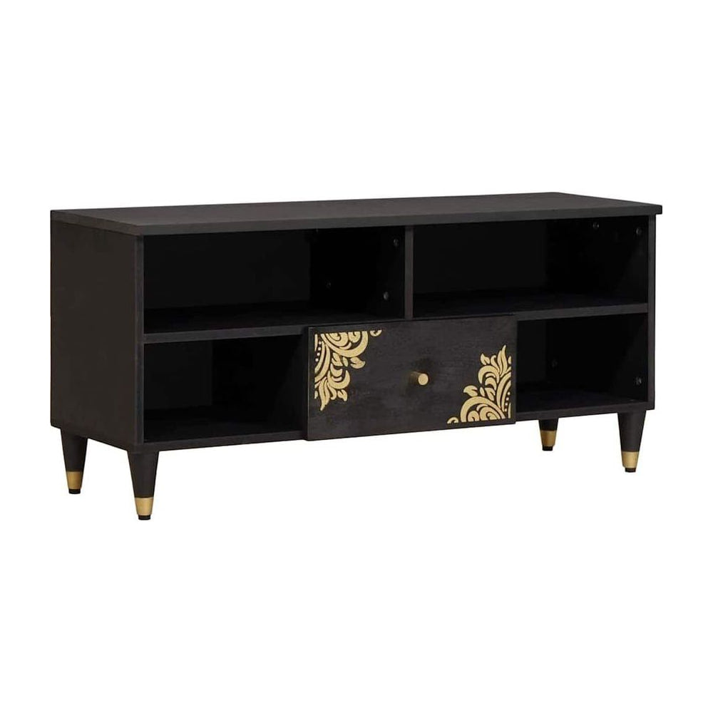 TV Cabinet with Drawer Black Solid Mango Wood