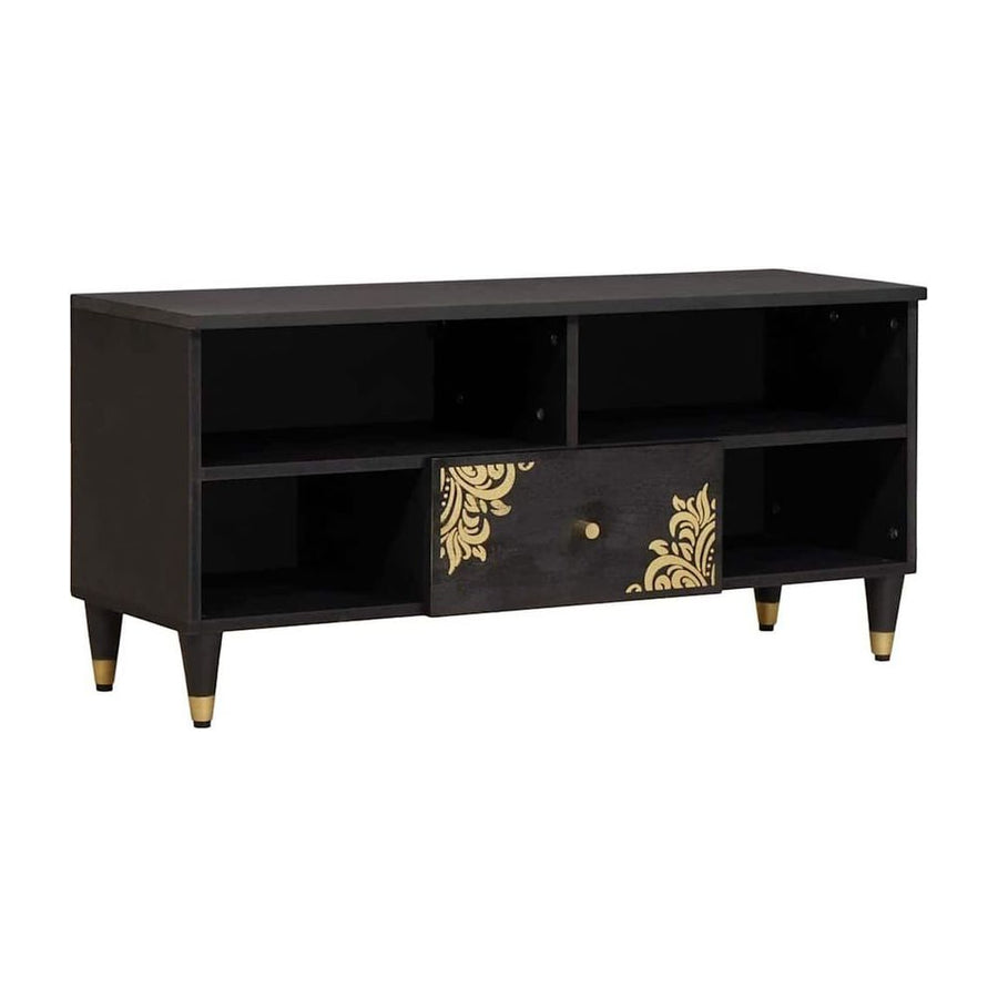TV Cabinet with Drawer Black Solid Mango Wood