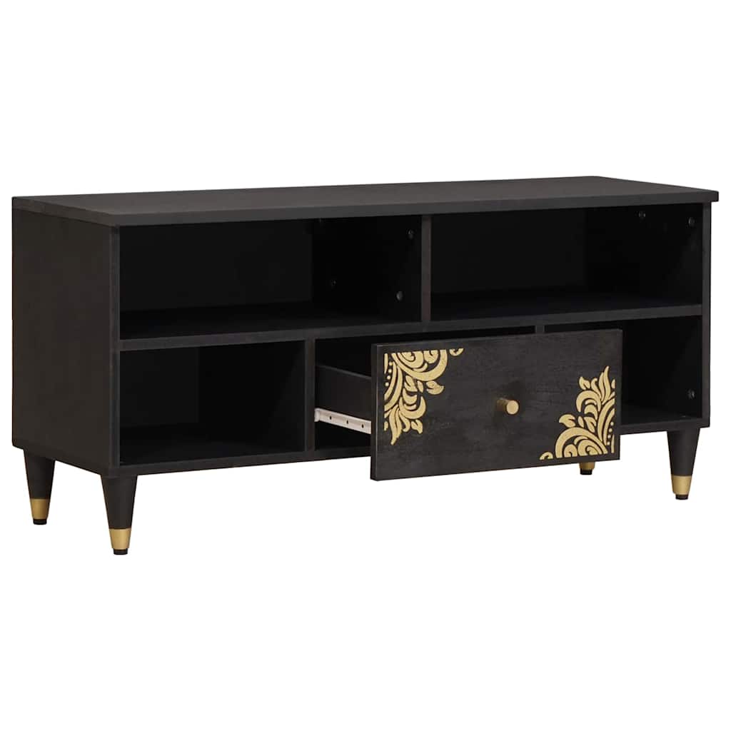 TV Cabinet with Drawer Black Solid Mango Wood, image 2