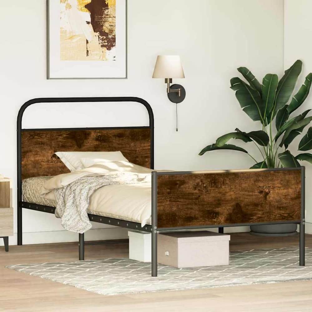 Metal Bed Frame without Mattress Smoked Oak Length 203 cm 107 cm With headboard & high footboard