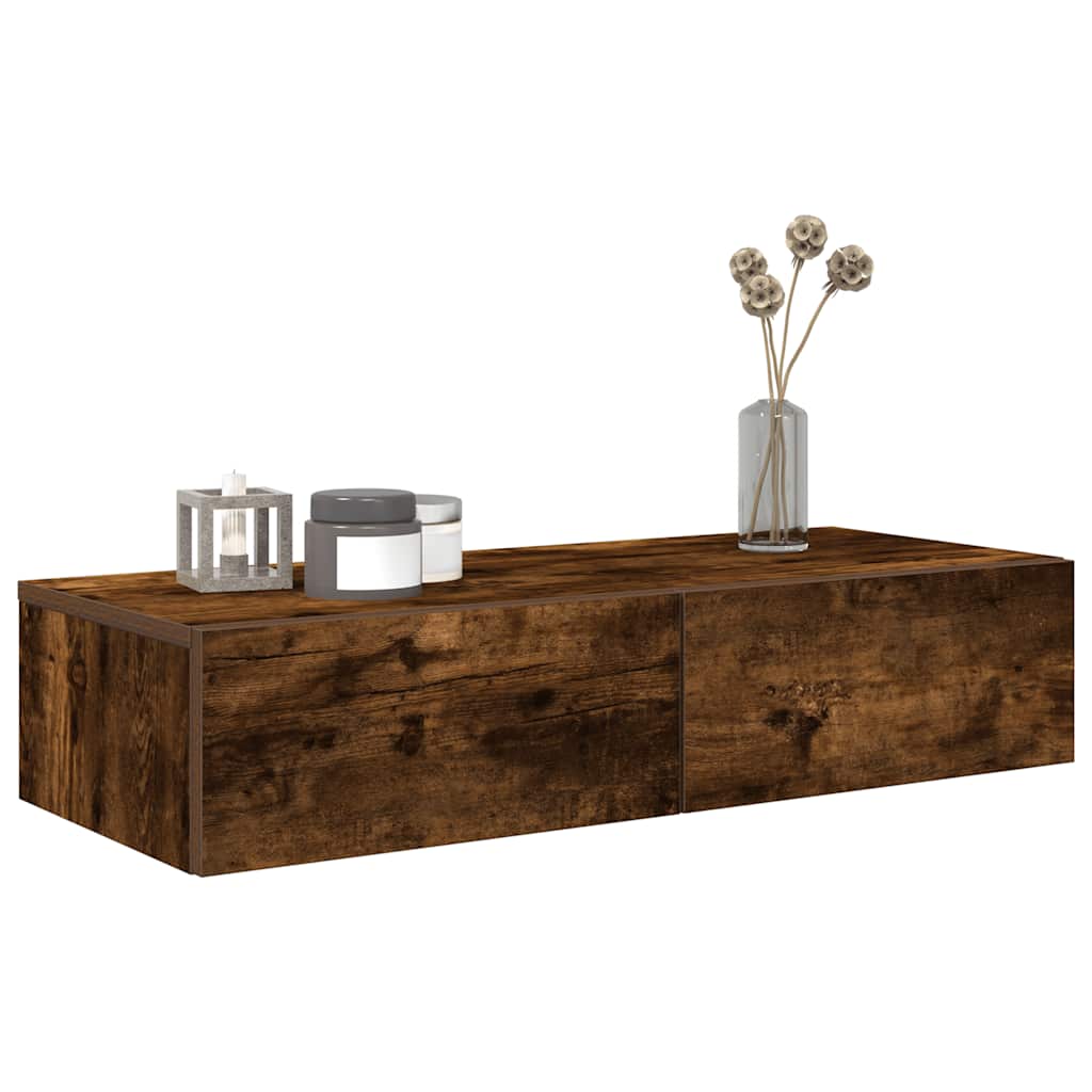 vidaXL Wall Shelf with Drawers Smoked Oak 80x33x17 cm Engineered Wood 3