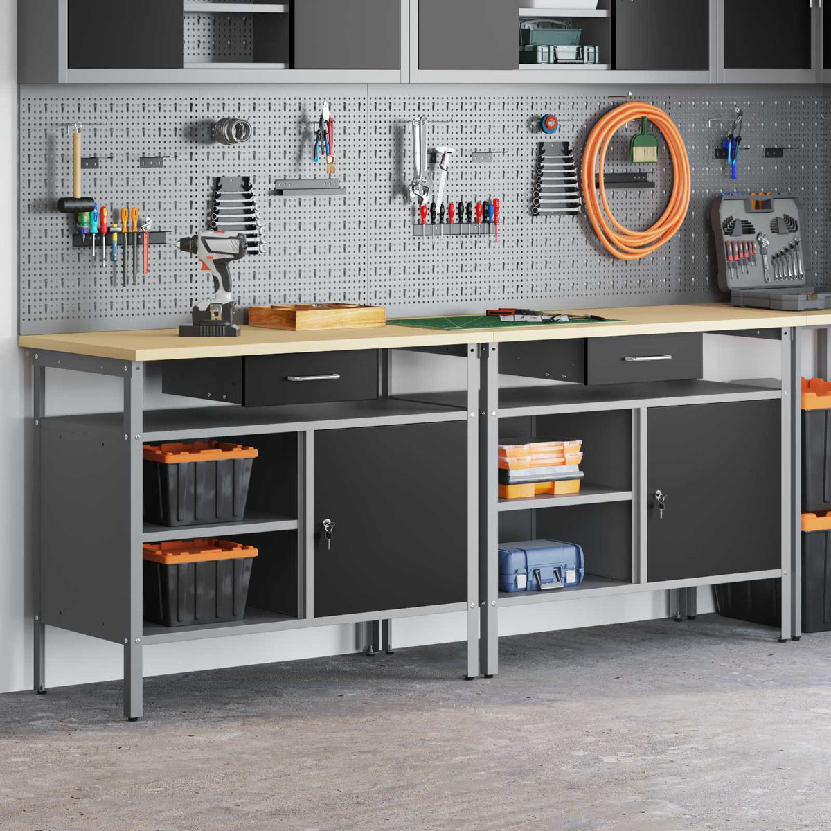 Work Bench Set 8 pcs and Grey 200 x 55 x 200 cm Steel Black 200 cm workbench (2 shelves &1 door)
