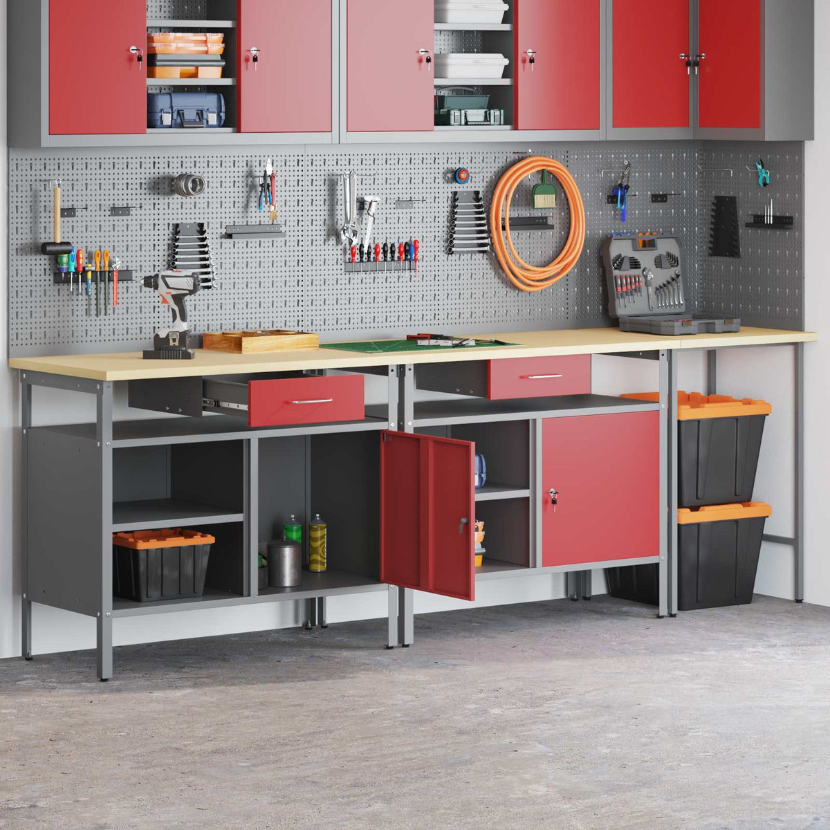 Work Bench Set 8 pcs and Grey 200 x 55 x 200 cm Steel Red 255 cm workbench (2 shelves &1 door)