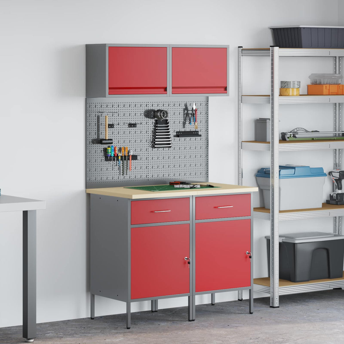 Work Cabinet Set 8 pcs Steel and Engineered Wood Red 100 cm workbench (2 drawers &2 doors)