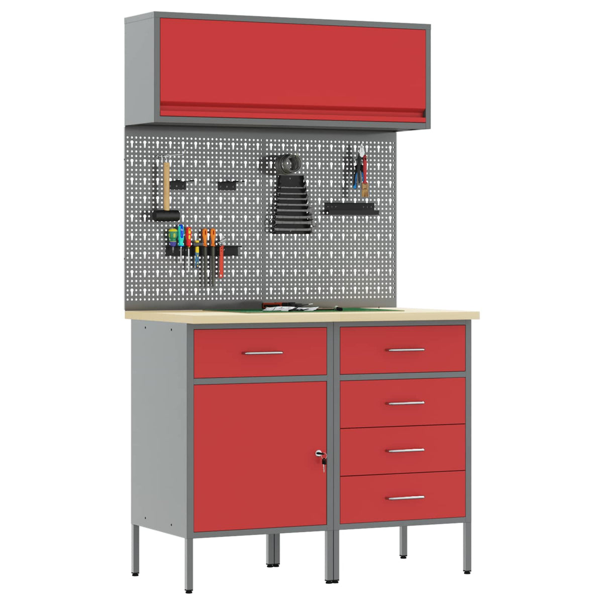Work Cabinet Set 8 pcs Steel and Engineered Wood Red 100 cm workbench (5 drawers &1 door)