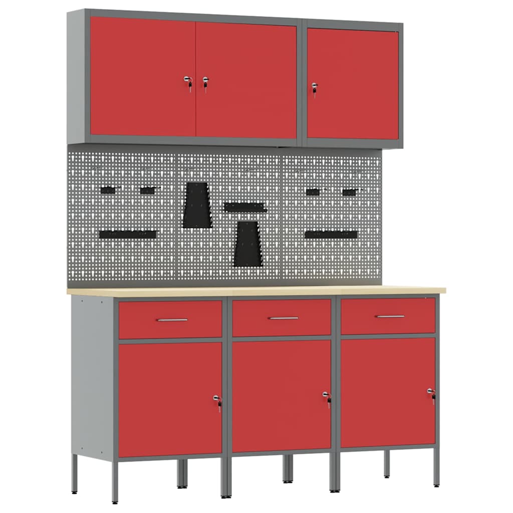 vidaXL Work Cabinet 8 pcs Red and Grey Engineered Wood and Steel 2