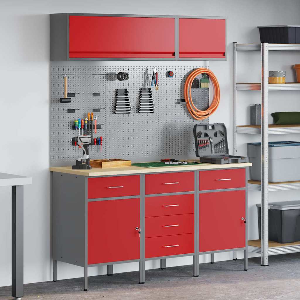 Work Cabinet Set 8 pcs Steel and Engineered Wood Red 150 cm workbench (6 drawers &2 doors)