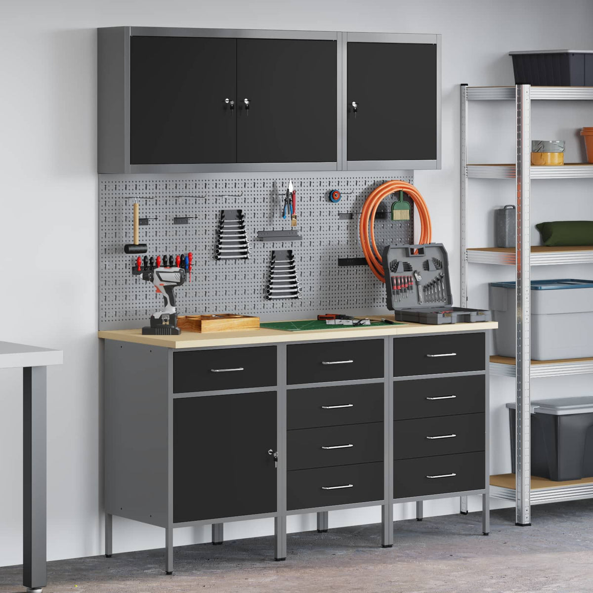 vidaXL Work Cabinet 8 pcs Black and Grey Engineered Wood and Steel 1