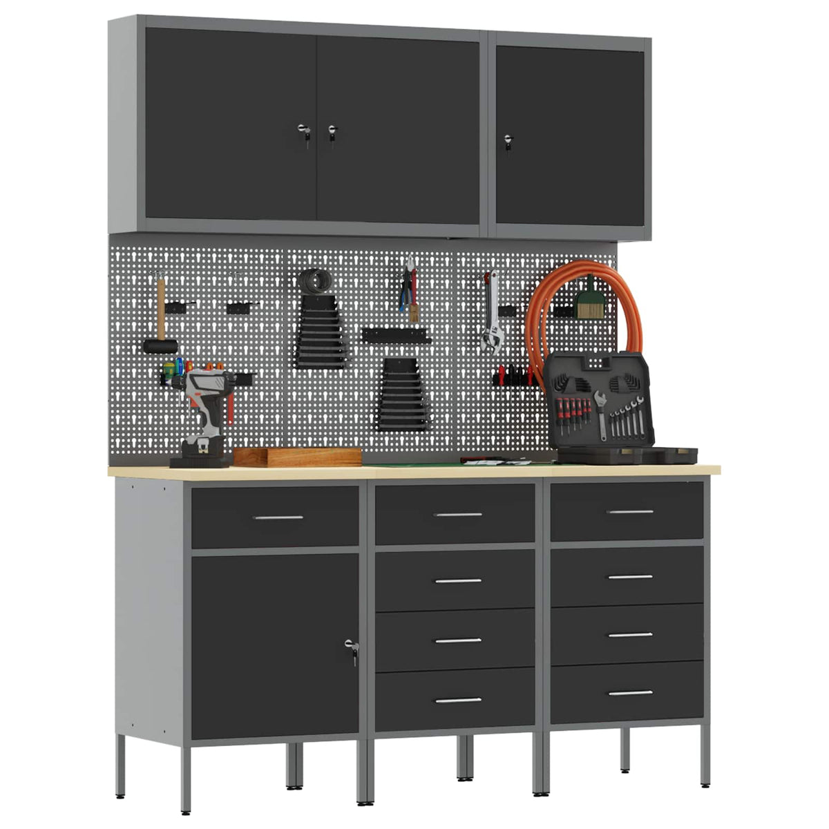 vidaXL Work Cabinet 8 pcs Black and Grey Engineered Wood and Steel 3