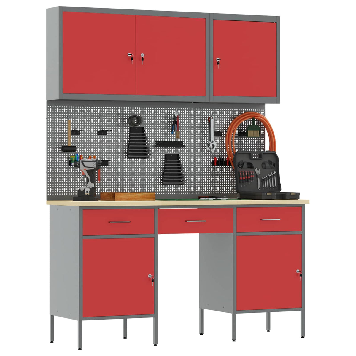 vidaXL Work Cabinet 8 pcs Red and Grey Engineered Wood and Steel 3