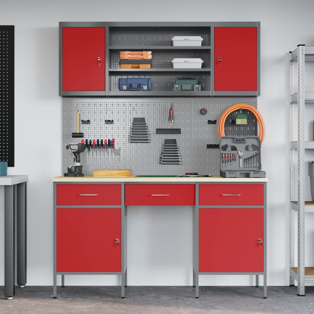 vidaXL Work Cabinet 7 pcs Red and Grey Engineered Wood and Steel 4