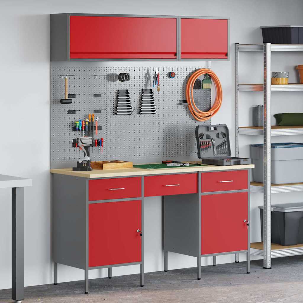 Work Cabinet Set 8 pcs Steel and Engineered Wood Red 150 cm workbench (3 drawer &2 doors)
