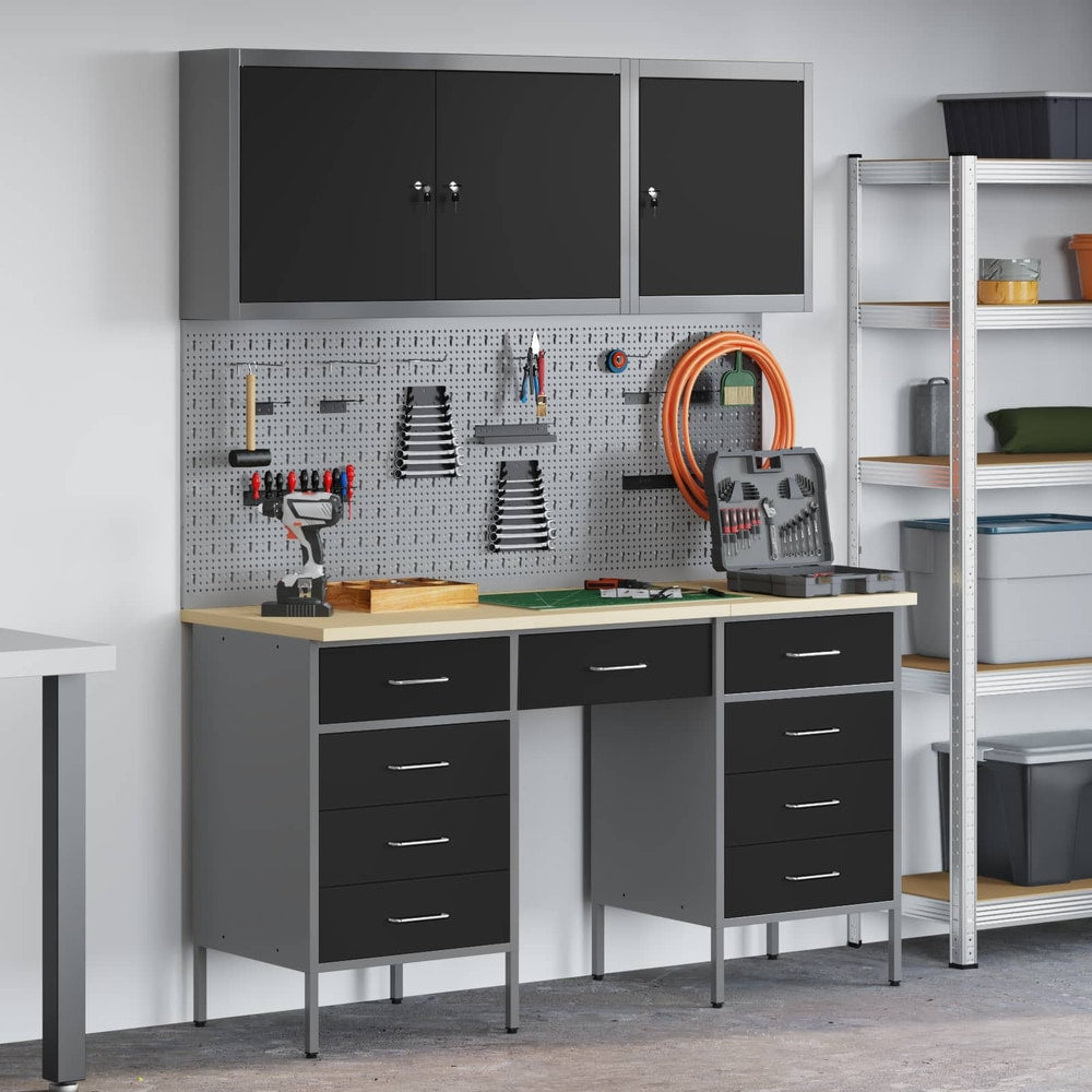 vidaXL Work Cabinet 8 pcs Black and Grey Engineered Wood and Steel 1