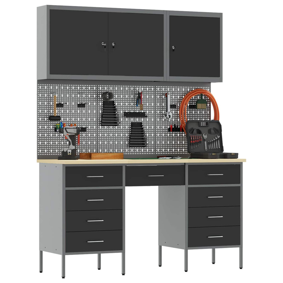vidaXL Work Cabinet 8 pcs Black and Grey Engineered Wood and Steel 3