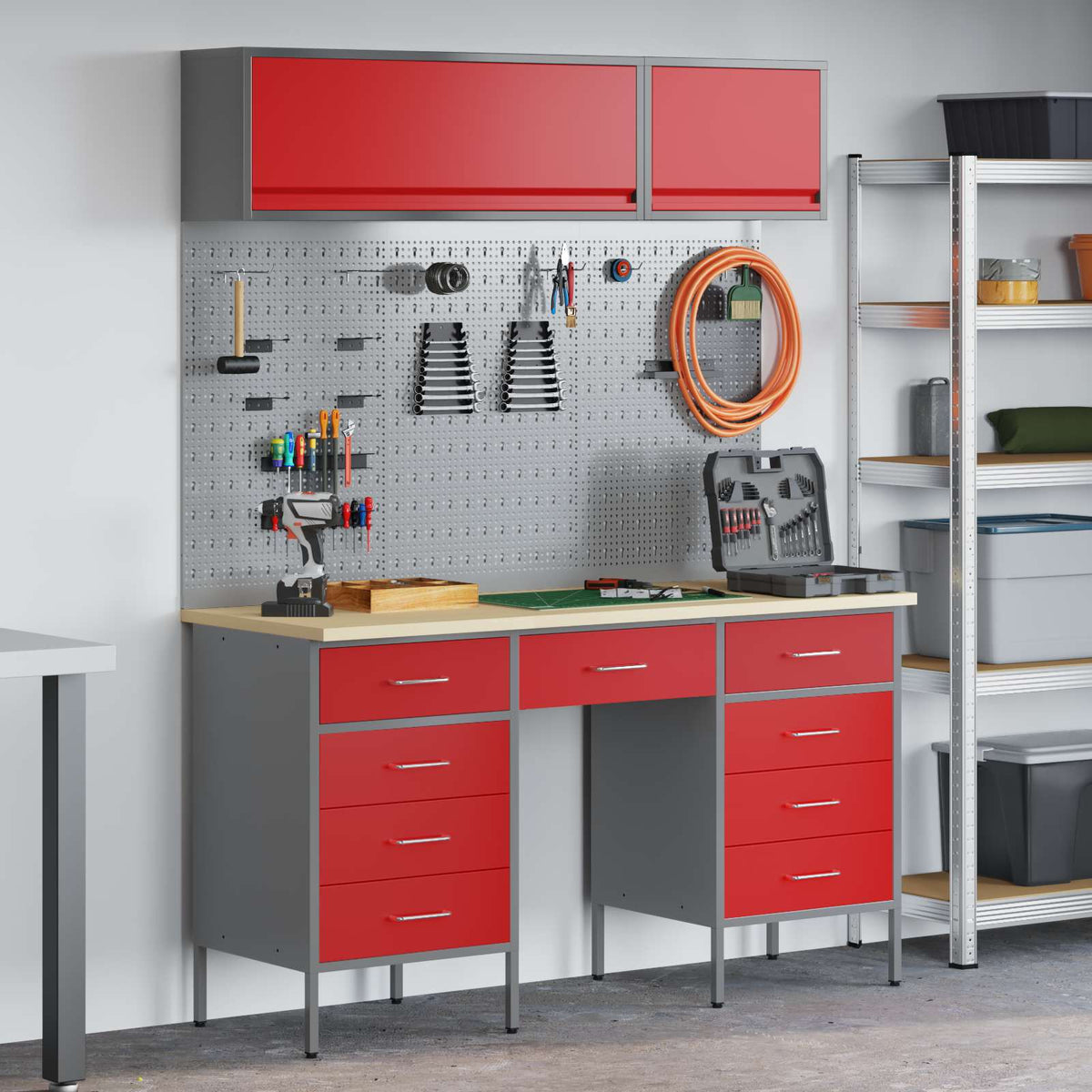 Work Cabinet Set 8 pcs Steel and Engineered Wood Red 150 cm workbench (9 drawers)