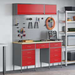 Work Cabinet Set 8 pcs Steel and Engineered Wood Red 150 cm workbench (9 drawers)