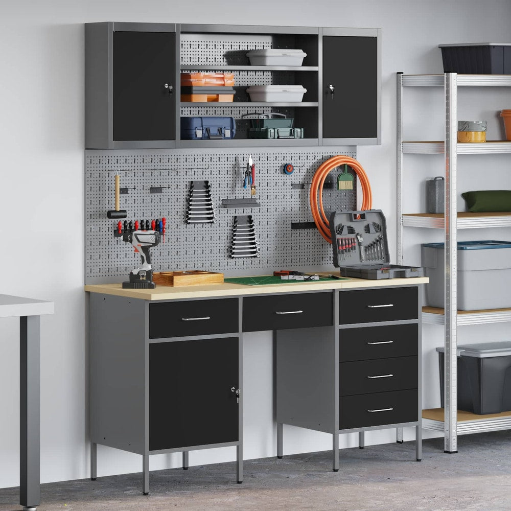vidaXL Work Cabinet 7 pcs Black and Grey Engineered Wood and Steel 1