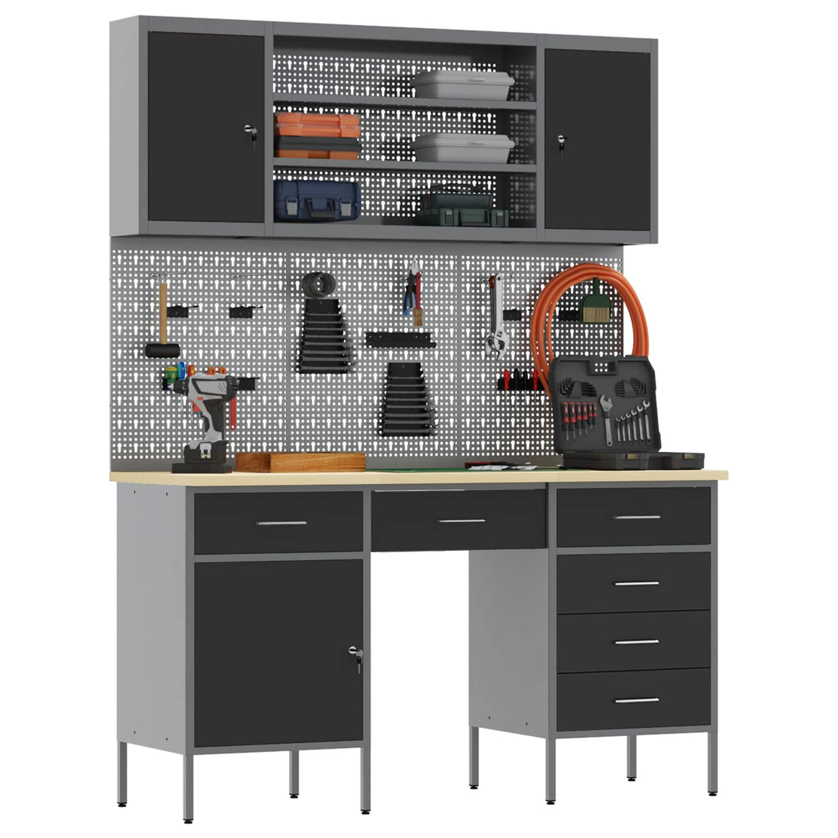 vidaXL Work Cabinet 7 pcs Black and Grey Engineered Wood and Steel 3