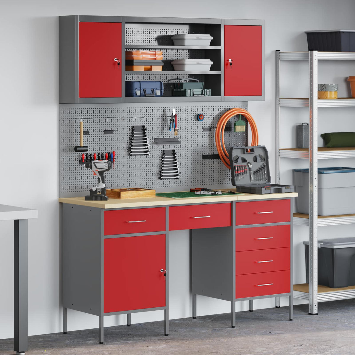 vidaXL Work Cabinet 7 pcs Red and Grey Engineered Wood and Steel 1